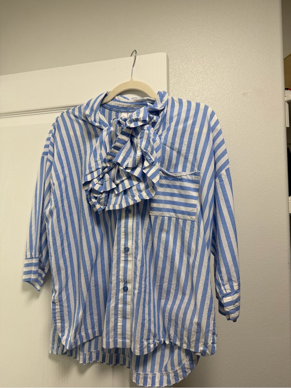Blue & White Striped Ruffle Button-Up Pajama Top